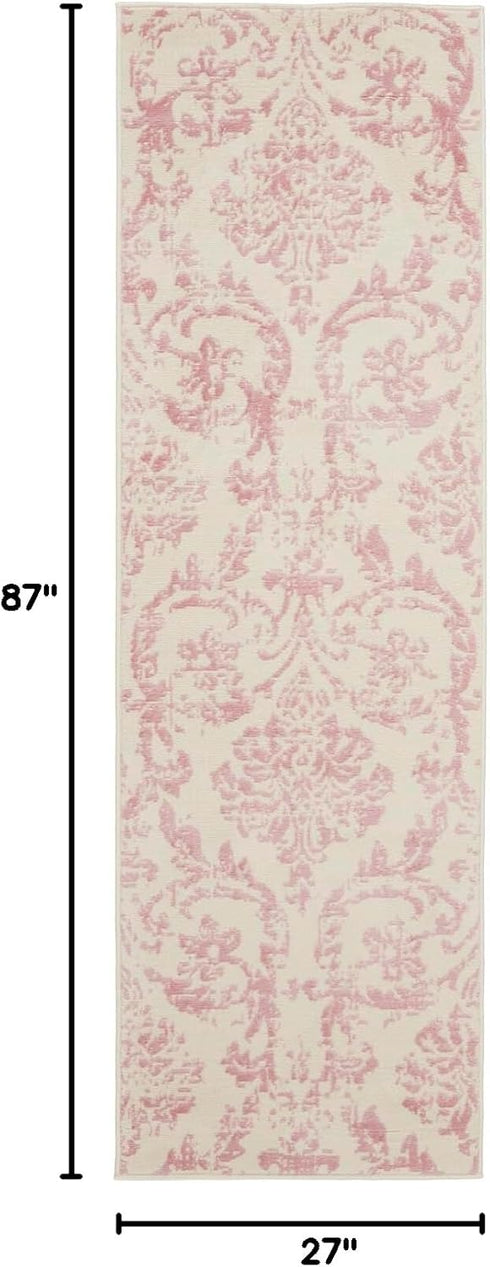 2'3'' 7'3'' (2x7) Nourison Home Jubilant Damask Ivory/Pink x Area-Rug, Easy-Cleaning, Non Shedding, Bed Room, Living