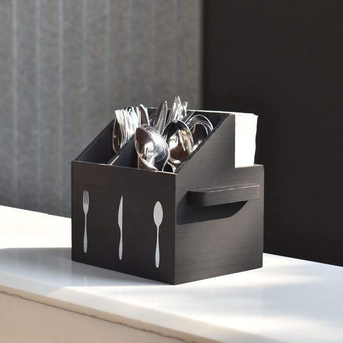 Ikee Design Wooden Utensil Caddy with Handles, Silverware Holder for Countertop, Camping, and Kitchen, Black