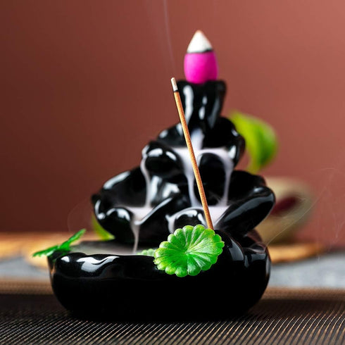 Cute Ceramic Backflow Incense Holder, Waterfall Incense Burner with 48 Incense Cones and 30 Sticks