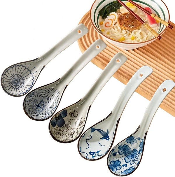 5pcs Ceramic Asian Soup Spoons, Deep Oval Hook Non-slip Japanese Spoons for Rice, Ramen, Pho, and Miso Soup