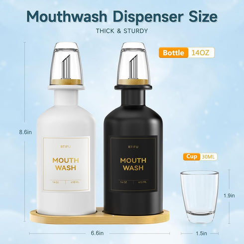 BTIFU 2PCS Countertop 14oz/410ml Glass Mouthwash Dispenser for Bathroom Refillable Mouthwash Bottle with Glass Cup