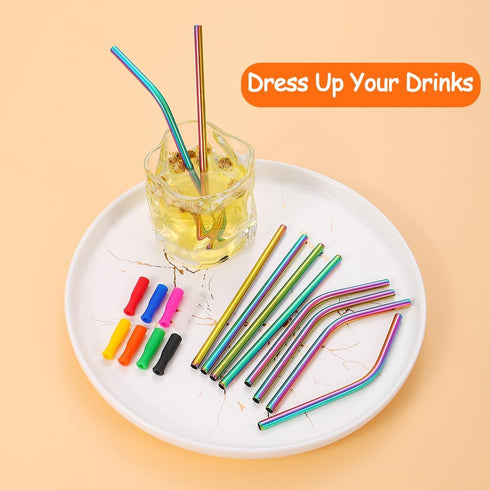 Lazycorner 16 Pcs Short Metal Straw - 6mm 5.5" 6.5" Kids Reusable Straws with Silicone Tips and Cleaner, Rainbow