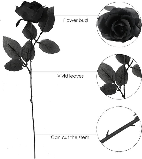 TUZAZO 10pcs Black Roses Artificial Flowers with Stems, Faux Silk Flowers for Bridal Gothic Wedding Bouquet and Home