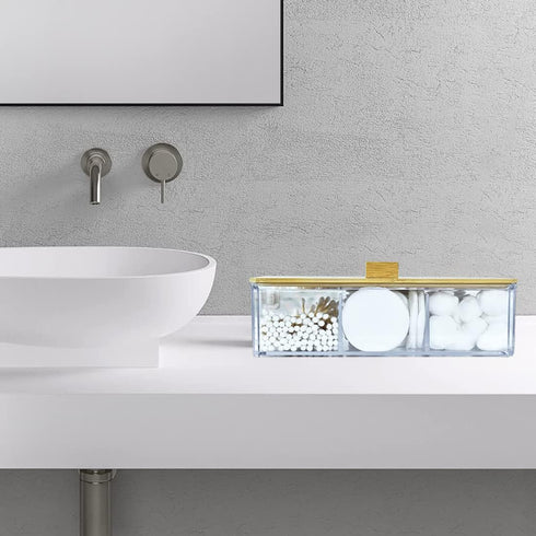 Acrylic Qtip Holder Dispenser with Wood Lid, 3 Compartment Bathroom Organizer for Cotton Swabs and Pads, Countertop