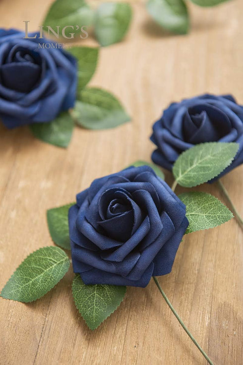 Ling's Moment 50Pcs Navy Blue Roses Artificial Flowers Decor w/Stems, 3" Real Touch Foam for Wedding Bouquets,