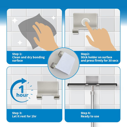 Shower Squeegee with Long Handle and Adhesive Hook for Glass Doors, Tile Walls, Mirrors, and Windows