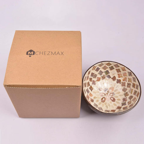 ChezMax Natural Coconut Bowl, Handcrafted White Bowl with Mother of Pearl Inlaid Shell, Key Bowl for Entryway Table,