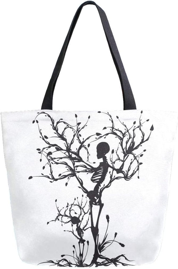 Naanle Skull Canvas Tote Bag, Large Women Casual Shoulder Handbag, Tree of Life Reusable Heavy Duty Cotton Bag