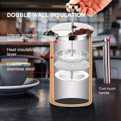 Secura French Press Coffee Maker, 34oz, 304 Grade Stainless Steel, Insulated, 2 Extra Screens