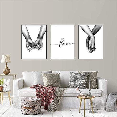 16"x20" Love and Hand in Hand Wall Art Canvas Print Poster, Set of 3 Unframed Black and White Couples Sketch Decor