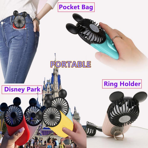 Cute Mouse Personal Mini Fan, Handheld USB Rechargeable Fan with LED Light, 3 Adjustable Speeds, Portable Holder for