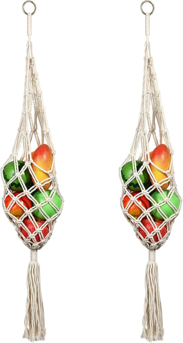 Geiserailie 2 Pieces Hanging Fruit Basket, Macrame Hanging Basket for Potato Onion and Fruit Storage, Boho Decor for