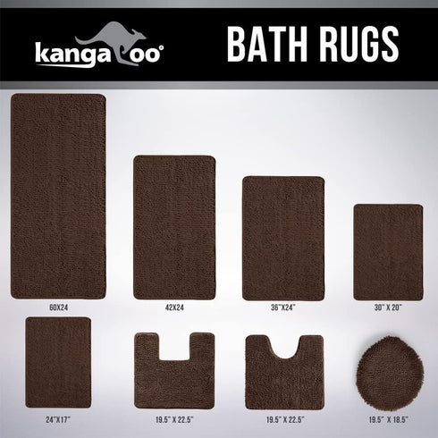 KANGAROO Luxury Chenille Bath Rug, 30x20, Extra Soft and Absorbent Shaggy Mat for Tub, Shower, Bathroom, Brown