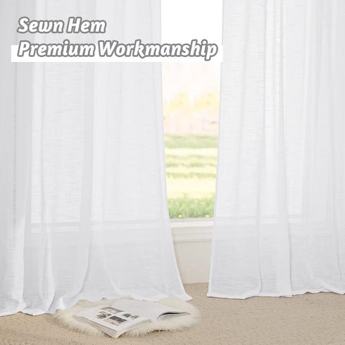 RYB HOME White Sheer Curtains - Linen Textured Wave Semi Sheer Window Curtain Set, 52 x 90 inches, 1 Pair