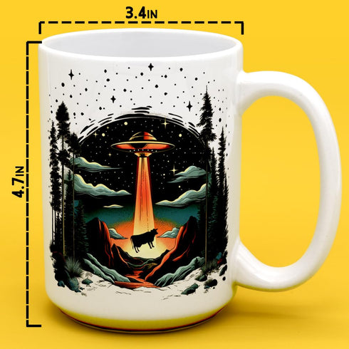 UFO Alien Cow Abduction Coffee Mug, Funny Paranormal Gifts, 15oz