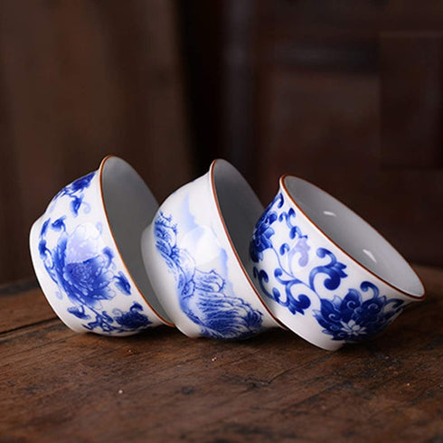 Chinese Handmade Kungfu Tea Cup 60 ml, Blue and White Bone China Tea Cups Set of 3