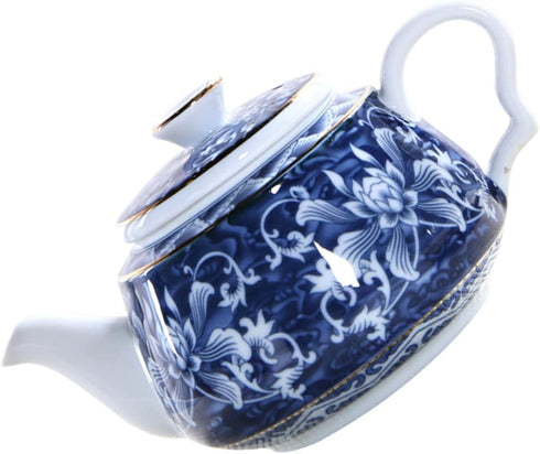Uonlytech Ceramic Teapot, Blue and White Porcelain Travel Tea Kettle, Retro Portable Teapot with Handle