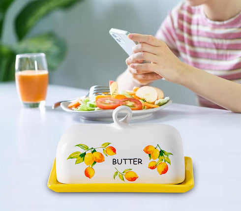 Lemon Butter Dish with Lid, Yellow Ceramic Large Butter Holder with Cover, Painted Butter Tray