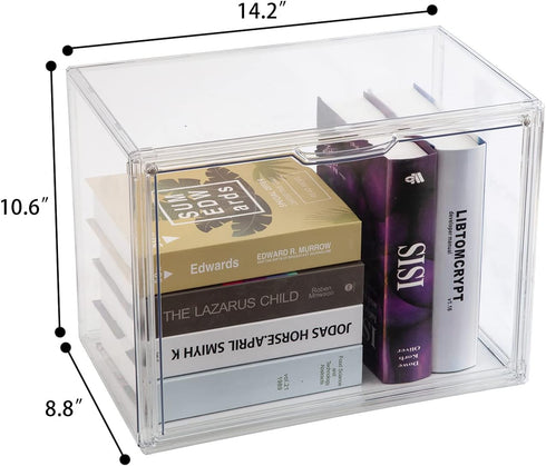 2PACKS BOHOIDEE Clear Book Storage Organizer for Bookshelf, Plastic Stackable Book Display Case with Magnetic Door