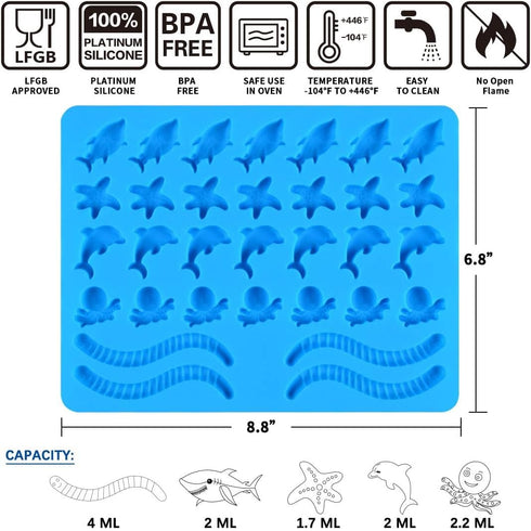 Gummy Molds Hard Candy Molds, Silicone Ocean Shapes Including Worms, Starfish, Dolphins, Pack of 3