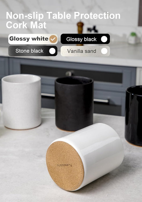 Nucookery Utensil Holder, 6.4" Ceramic Kitchen Utensil Holder with Countertop-Protection Cork Bottom, Farmhouse Kitchen Decor for Counter (White)