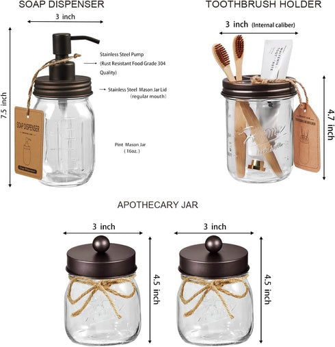 SheeChung 6Pcs Bathroom Accessories Set - Mason Jars, Toothbrush Holder, Soap Dispenser, Rustic Decor