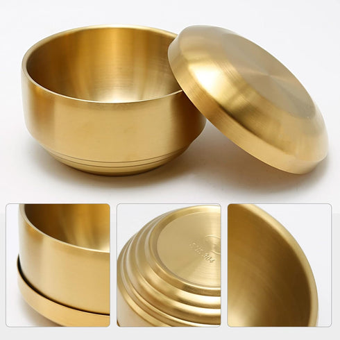 Stainless Steel Rice Bowl with Lid, Set of 2, for Korean Kitchen Restaurant, Double-walled Metal Bowls, Multi-Purpose Insulated Soup Bowls Snacks Bowls (10.5cm Gold) by Aynaxcol