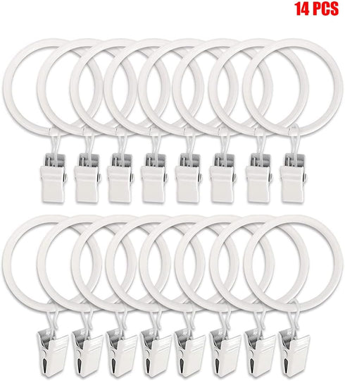 Set of 14 White Iron Metal Curtain Rings with Clips, Drapery Hooks, 1.25 Inch Interior Diameter for Hanging Curtains