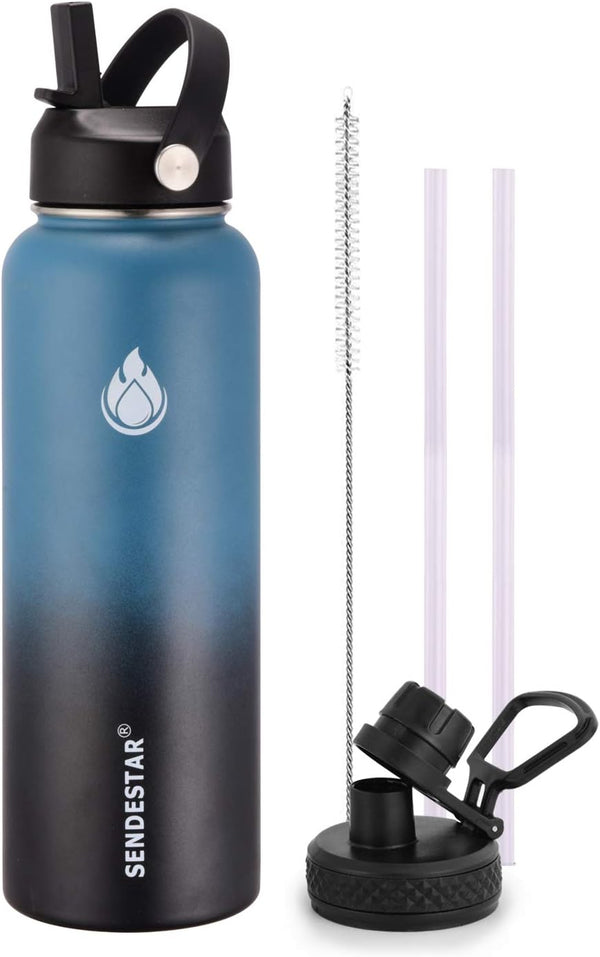 SENDESTAR 40oz Water Bottle, Double Wall Vacuum Insulated, Leak Proof Stainless Steel with Flex Straw Lid & Spout Lid