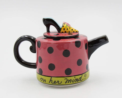 6 1/2 Inch Teapot, Pink and Black Polka Dot with High Heel Top Lid