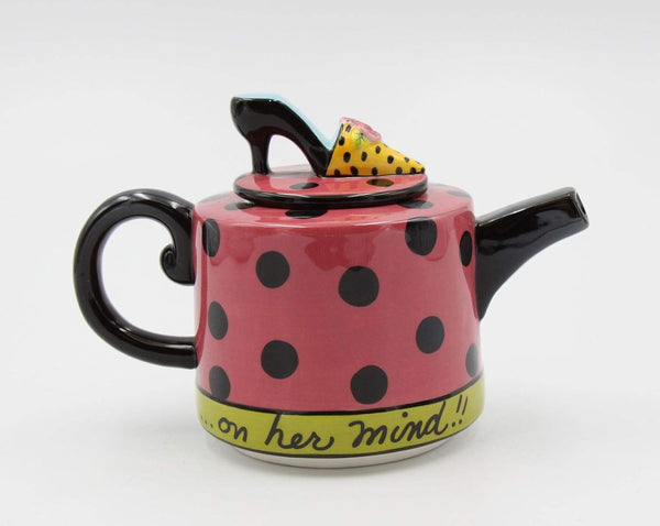 6 1/2 Inch Teapot, Pink and Black Polka Dot with High Heel Top Lid