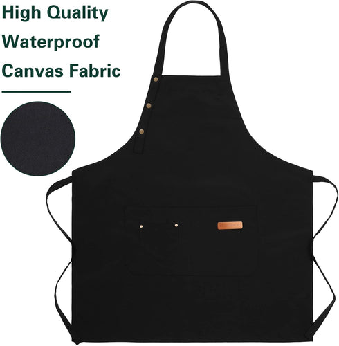 Apron for Men Women with Adjustable Straps and Large Pockets, Waterproof Black Chef Bib