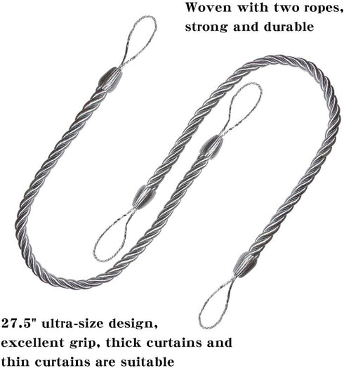 BEL AVENIR Curtain Rope Tiebacks, Drapery Holdbacks with 4 Metal Screw Hooks, 2 Pair - Silver