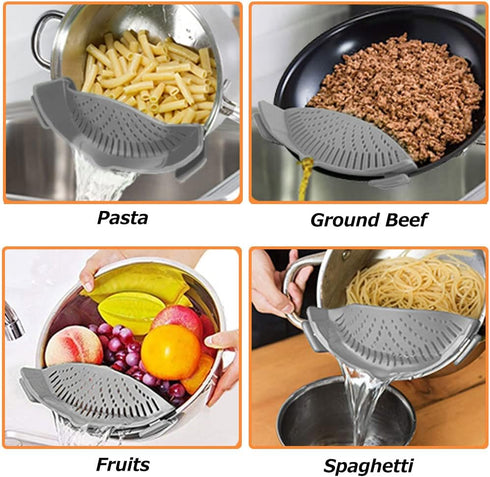 YEVIOR Clip on Strainer for All Pots, Silicone Pasta Strainer Kitchen Gadgets, Collapsible Colander (Grey)