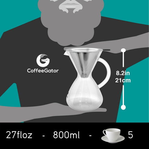 Coffee Gator Pour Over Coffee Maker - 27 oz Paperless, Portable, Drip Coffee Brewer Pour Over Set w/Glass Carafe & Stainless-Steel Mesh Filter, 800ml Clear by Coffee Gator
