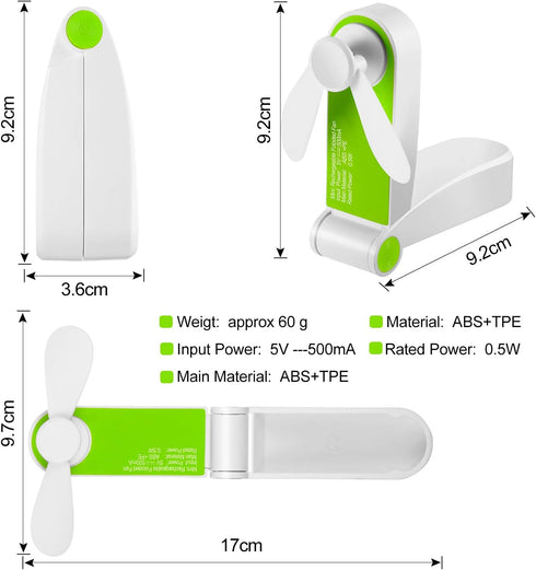 3 Pack Portable Pocket Fans Handheld Mini Fan Portable Foldable Fan Personal Travel Fan Hand Fan Summer USB Rechargeable Desk Fans for Home Women Travel Outdoors Or Indoors, 2 Speeds (Green) by Mudder