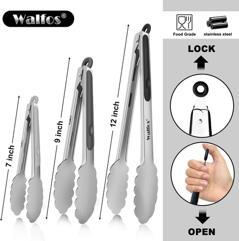 Walfos Stainless Steel Kitchen Tongs - 7, 9, and 12 Inch, Set of 3 Heavy Duty Locking Tongs for BBQ