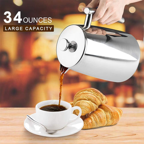 34-Ounce, 304 Secura French Press Coffee Maker, Stainless Steel Insulated Coffee Press with Extra Screen