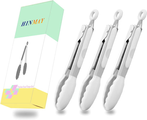 Set of 3 Mini Tongs with Silicone Tips, 7-Inch Kids Serving Tongs (White)