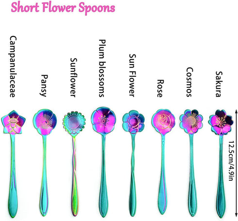 8 Pieces Rainbow Flower Spoon Coffee Teaspoon Set, LEEFONE Stainless Steel Reusable Tea Spoon Sugar Spoon Ice Tea Spoon Stirring Spoon Dessert Cake Spoon, 8 Different Patterns