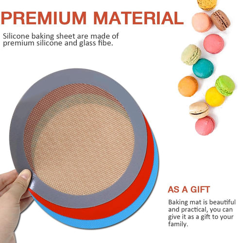Set of 3 Reusable 8 Inch Round Silicone Baking Mats, Silicone Mat for Cake, Pizza, Pie, Bread, Macaron (Red, Blue, Grey)