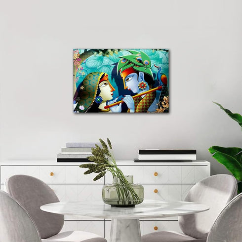 Canvas Wall Art of Lord Krishna, Retro House Decorations, Giclee Framed Stretched Ready to Hang 24"Wx16"H