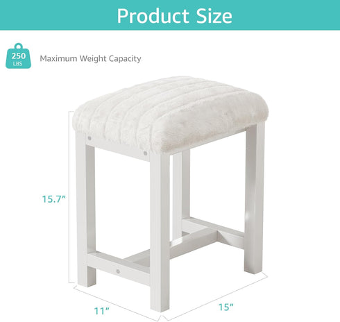 Small Vanity Stool, Cute Vanity Stools with Soft Faux Rabbit Fur Cushion, White Makeup Vanity Chair for Small Spaces