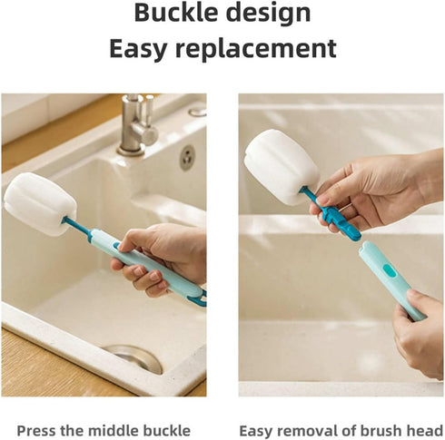 Bottle Brush Long Handle Cleaner, Detachable Sponge for Cups, Wine Glasses, Baby Bottles (3 PCS)
