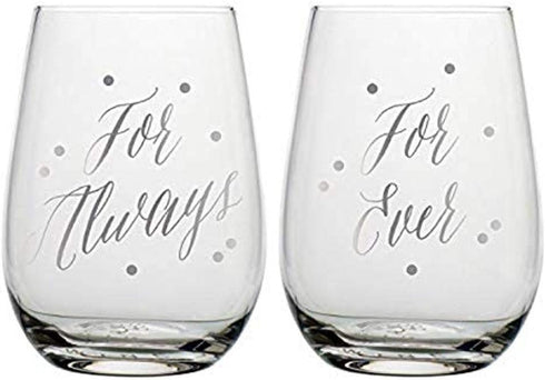 Slant Collections Bridal Shower Gift Set, 20-Ounces Clear and Silver Stemless Wine Glass Set of Two.