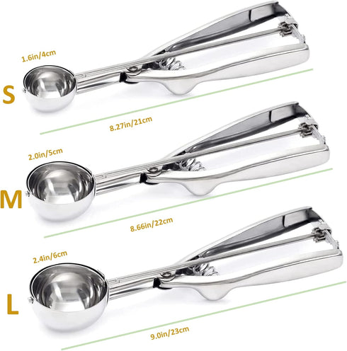 Ice Cream Scoop, 3Pcs Cookie Scoop Set, 18/8 Stainless Steel Cookie Dough Scoop, Cookie Scoops for Baking Set of 3, Ice Cream Scooper with Trigger Release, Cookie Scooper for Baking, Cupcake Scoop