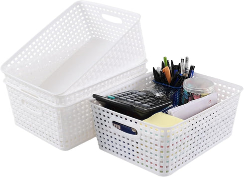 Gloreen White Plastic Basket, 8 Quart Weave Storage Baskets, Set of 4
