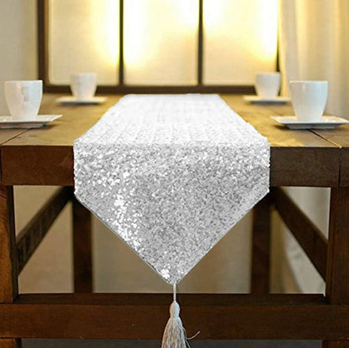 ShinyBeauty Silver Sequin Tassel Dresser Scarves or Table Runner, 12x72 Inch Elegant Wedding Event Decoration