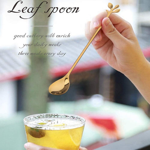 Long Handle Iced Tea Spoons Set of 6, Comicfs 7.6" Gold Leaf Cocktail Stirring Spoons, Dishwasher Safe