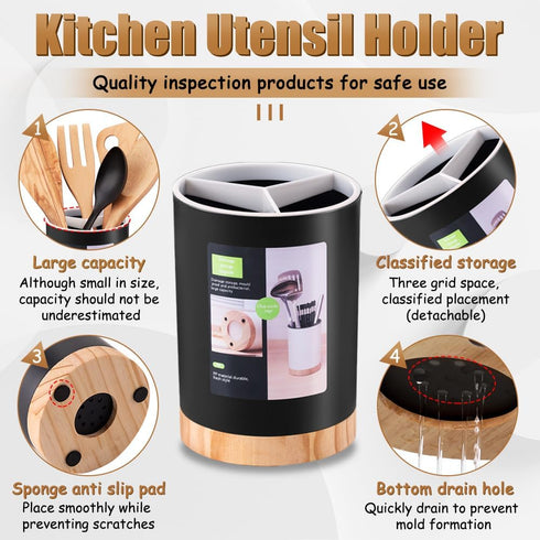 Kitchen Utensil Holder, Tableware Storage Bucket with Removable Divider and Wooden Base